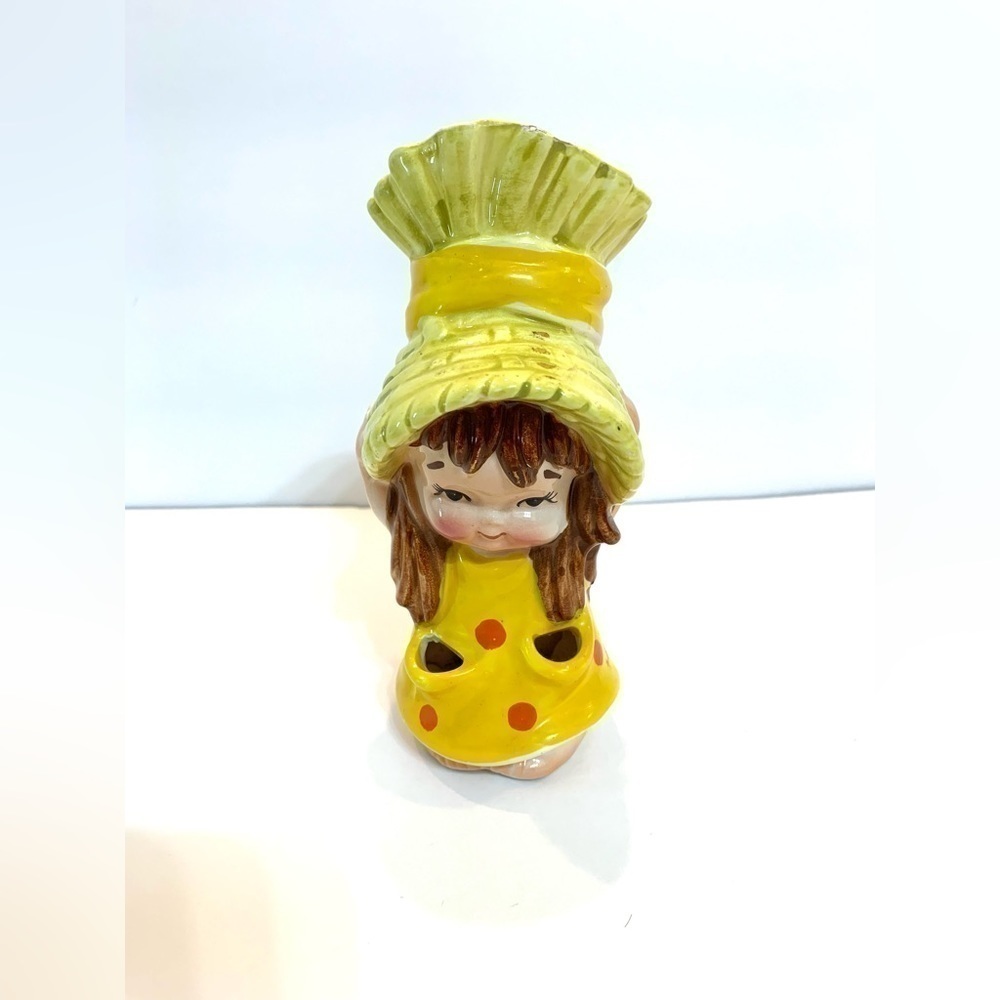 VTG Lefton Girl Head Vase Yellow Polka Dot 1960’s *Chipped * Read! MCM Style